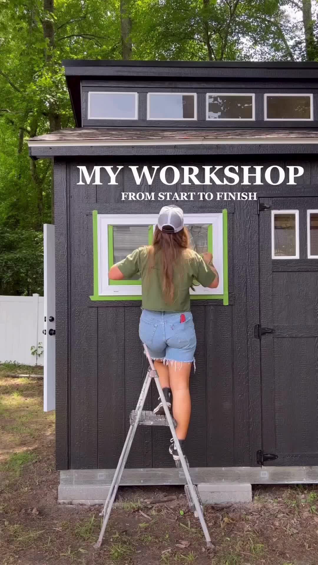 This contains: I started giving my Tuff Shed a makeover to create my dream workshop.  Click here to read my ultimate guide on how to create your own backyard workshop, from the power tools to the building materials I used.