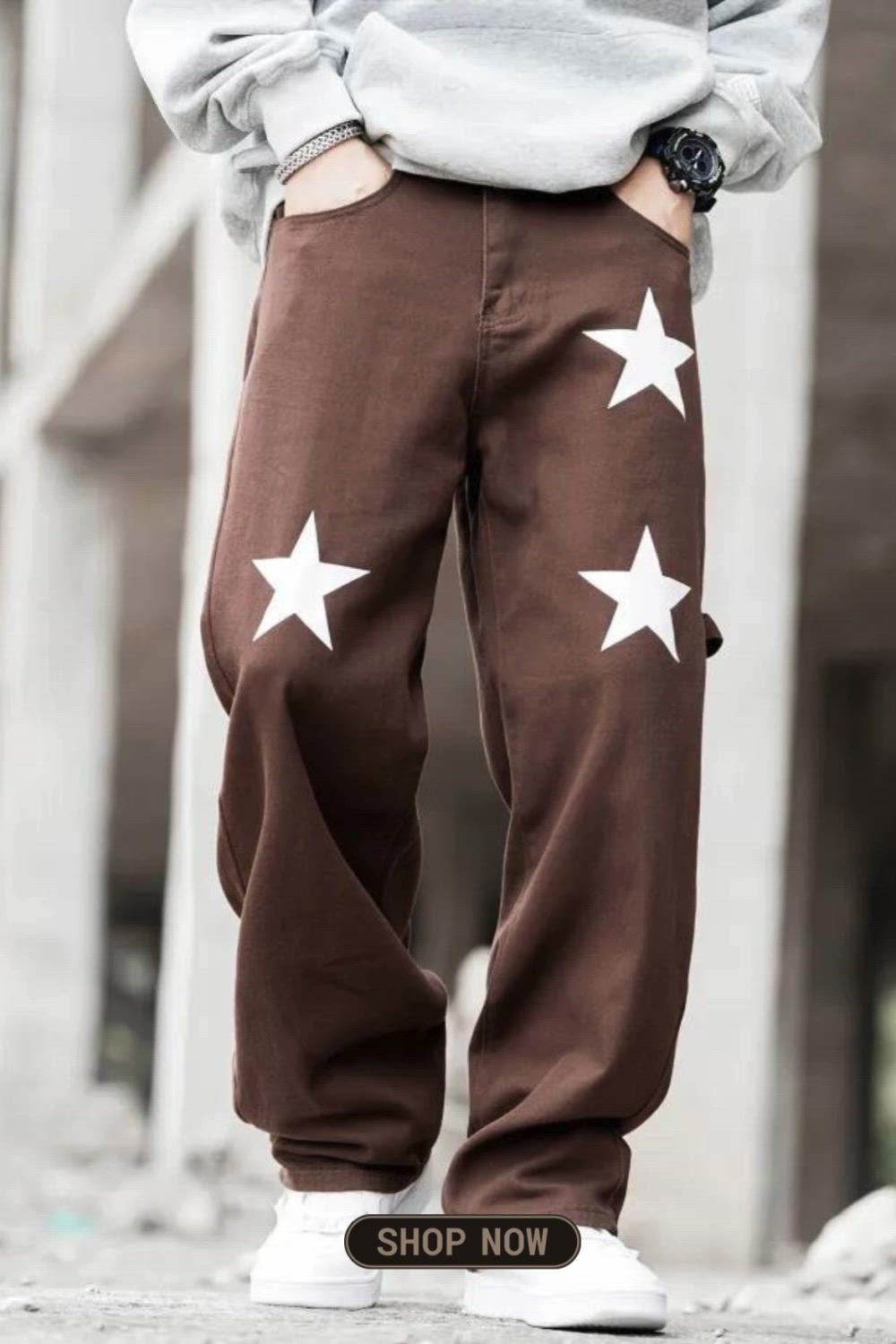 Star Print Loose Fit Jeans, Men's Casual Street Style Cotton Wide Leg Pants