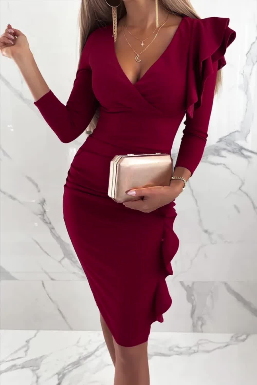 Elevate your style with these fashionable pencil skirt dresses, available in 4 stunning colors. The flounce V-neck adds a touch of flair, while the pencil skirt silhouette exudes sophistication. Perfect for a variety of occasions, these dresses are a chic choice for the fashion-forward individual.