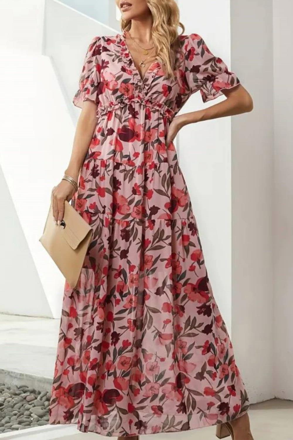 This Elegant Floral Print V Neck Dress is a perfect addition to your wardrobe. With its charming floral pattern and flattering V-neckline, it exudes timeless beauty. The short sleeves and ankle-length design make it a versatile choice for casual everyday wear, ensuring you look effortlessly chic on any occasion.