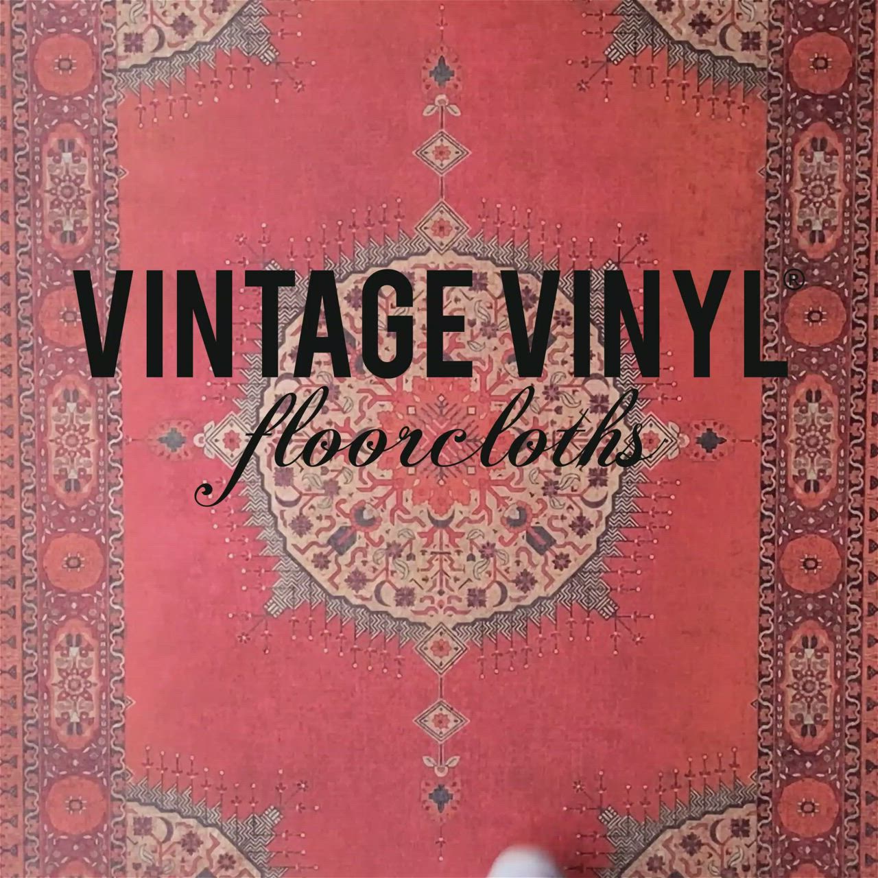 This may contain: an old rug with the words vintage vinyl floorcloths on it in black lettering