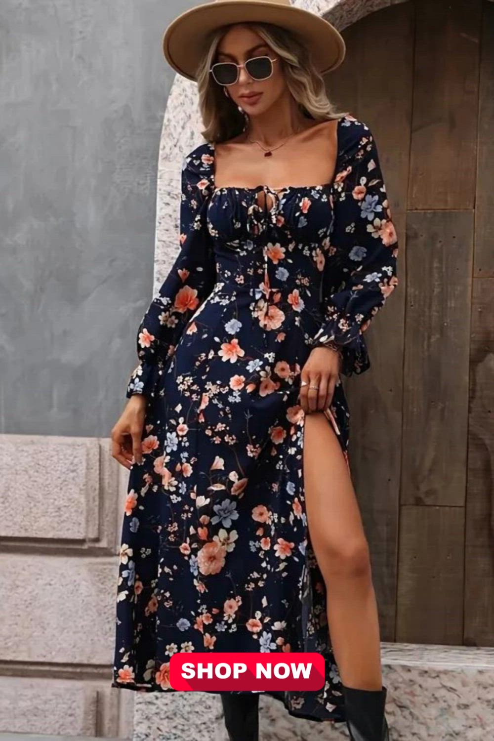 This boho-inspired dress features a charming floral print, a square neckline, and elegant long sleeves with ruffle trim. The split design adds a touch of allure. Perfect for those seeking a blend of bohemian style and sophistication, ideal for various occasions.