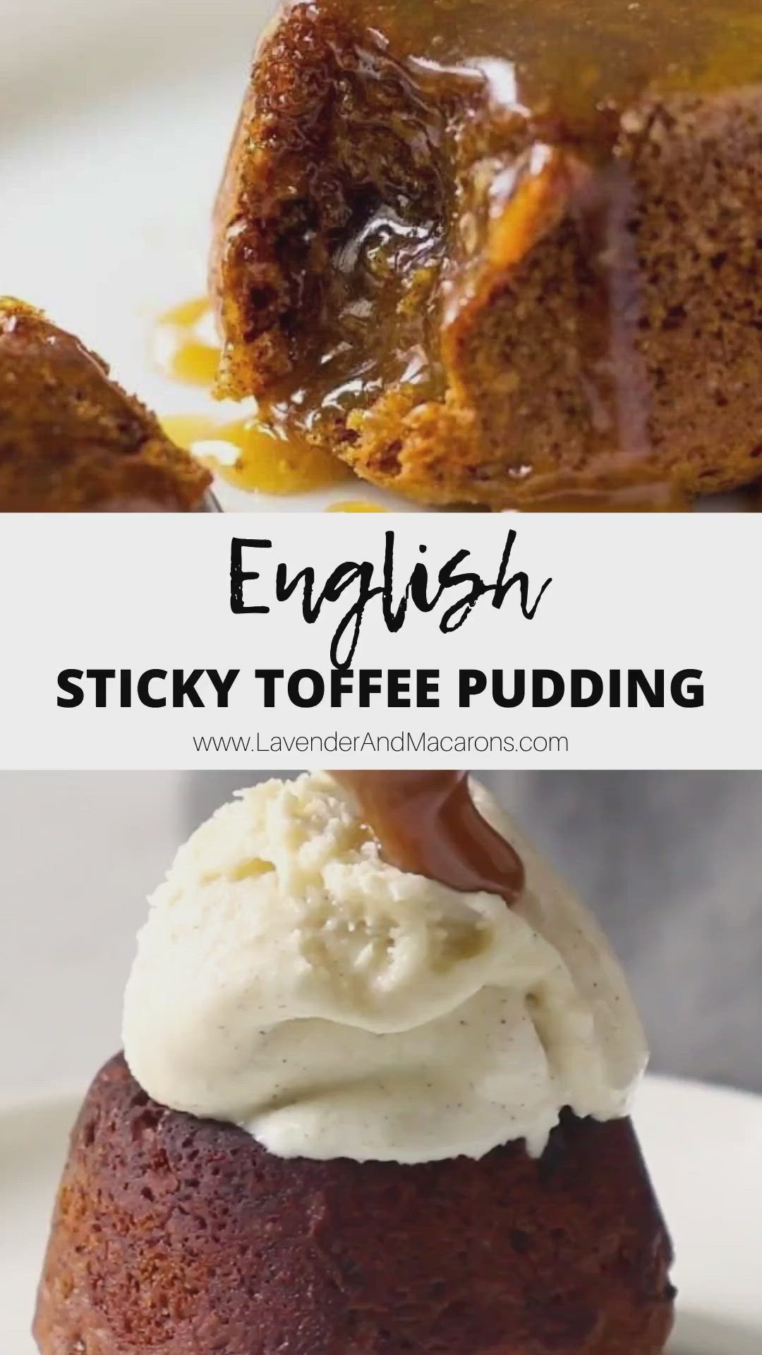 This may contain: two pictures with the words english sticky toffe pudding