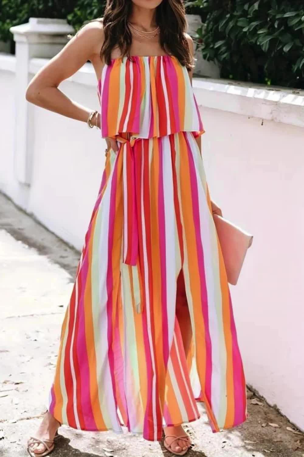 Striped Print Split Tube Dress, Vacation Style Strapless Layered Maxi Dress For Spring & Summer