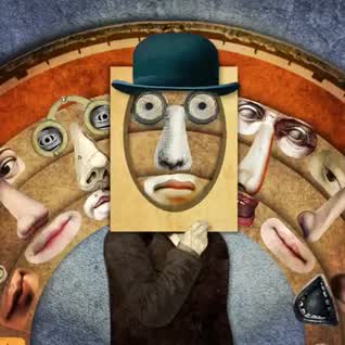 This may contain: a painting of a man wearing a paper mask and surrounded by other people's faces