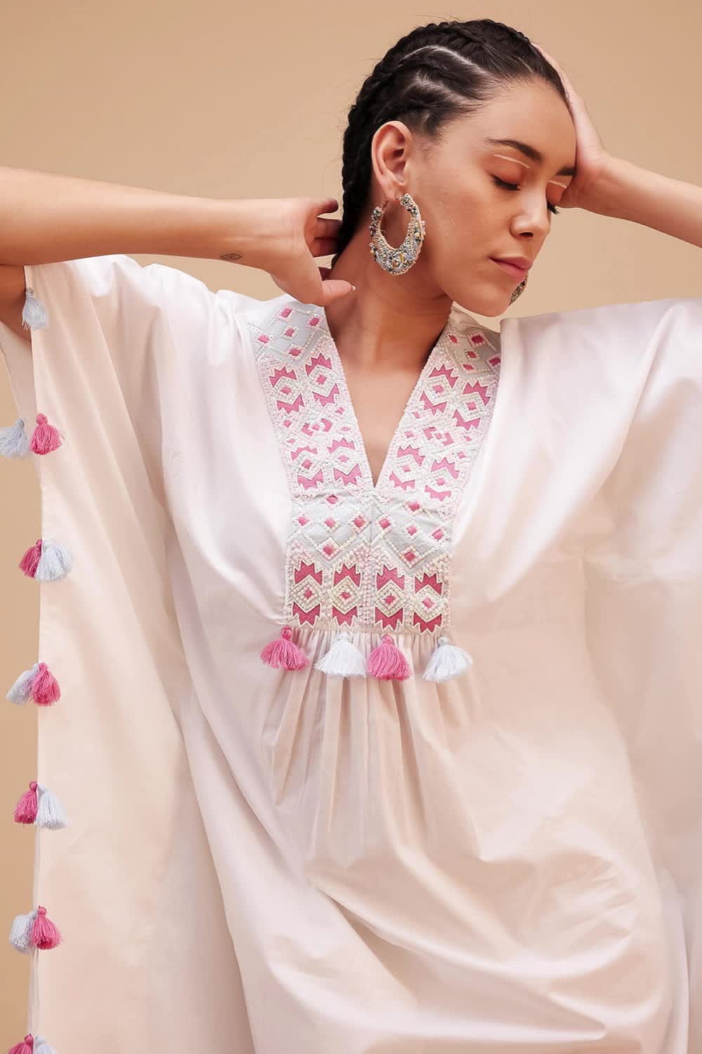 This contains: White Hand Embroidered Tasseled Kaftan | 100% cotton | Regular Fit