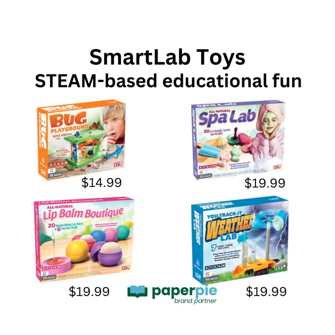 This may contain: the flyer for smartlab toys is shown with four different items on it, including soaps and toothpaste