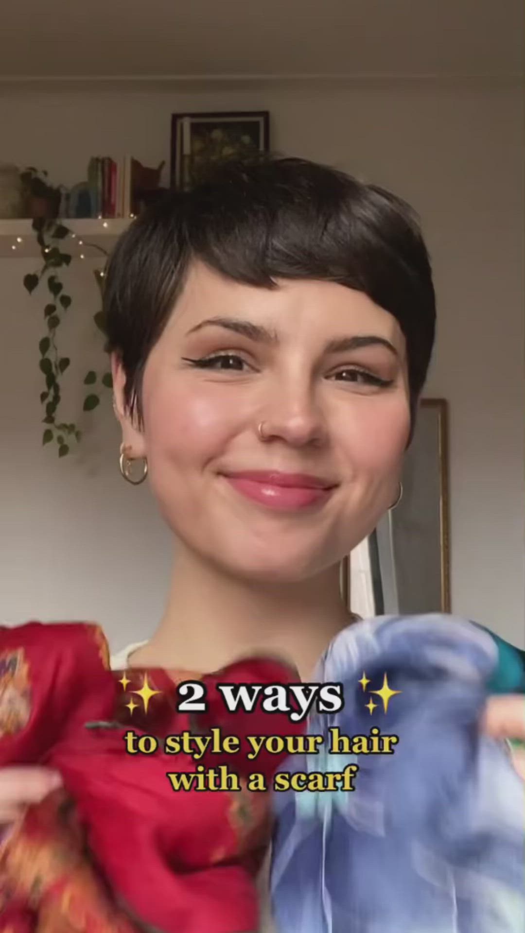 This contains an image of: How to Style a Scarf in Your Hair / Pixie Haircut Styling / Short Hair Styling / Scarf Hair Tutorial