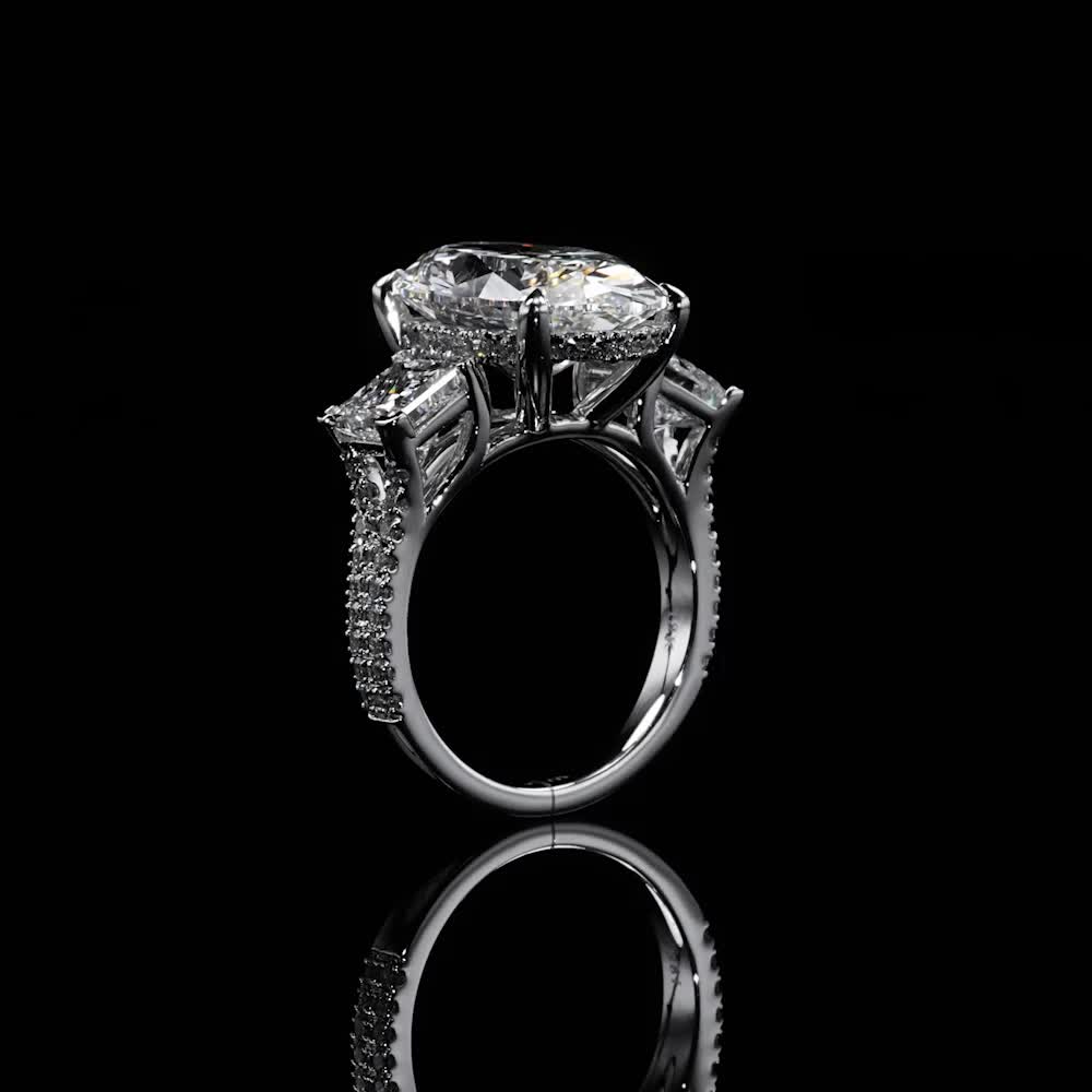 This may contain: a diamond ring on a black background with reflection in the middle and side stones around it