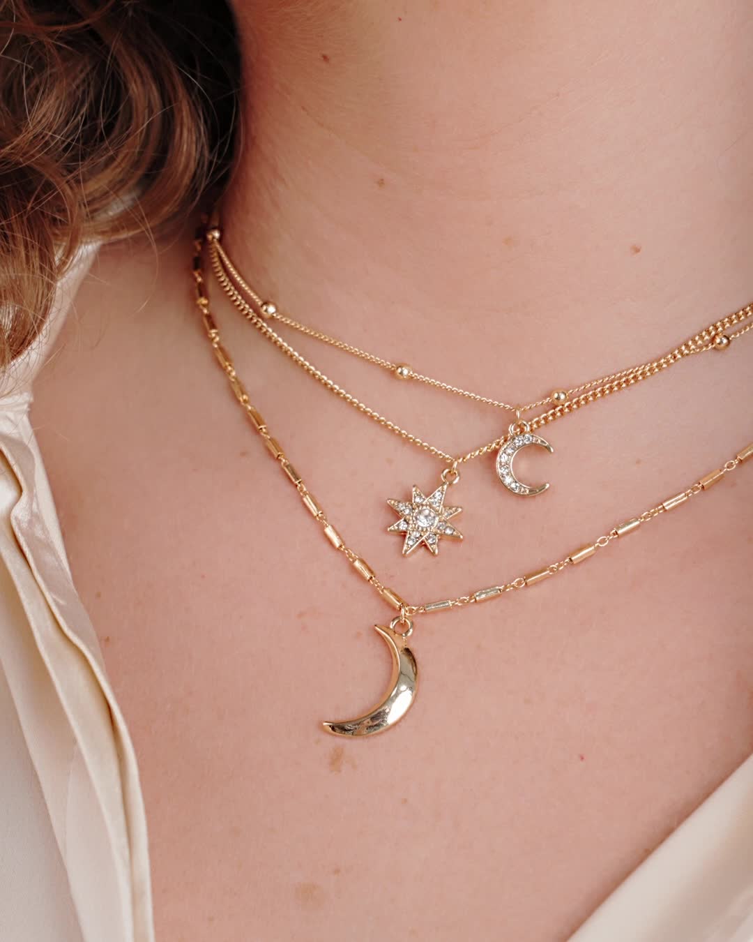 18kt gold plated Set of 3 Nickel Free Crystal Moon Necklace: 15 Inches + 5 Inch extender Crystal Star Necklace: 16 Inches + 5 Inch extender Large Moon Necklace: 17 Inches + 5 Inch extender