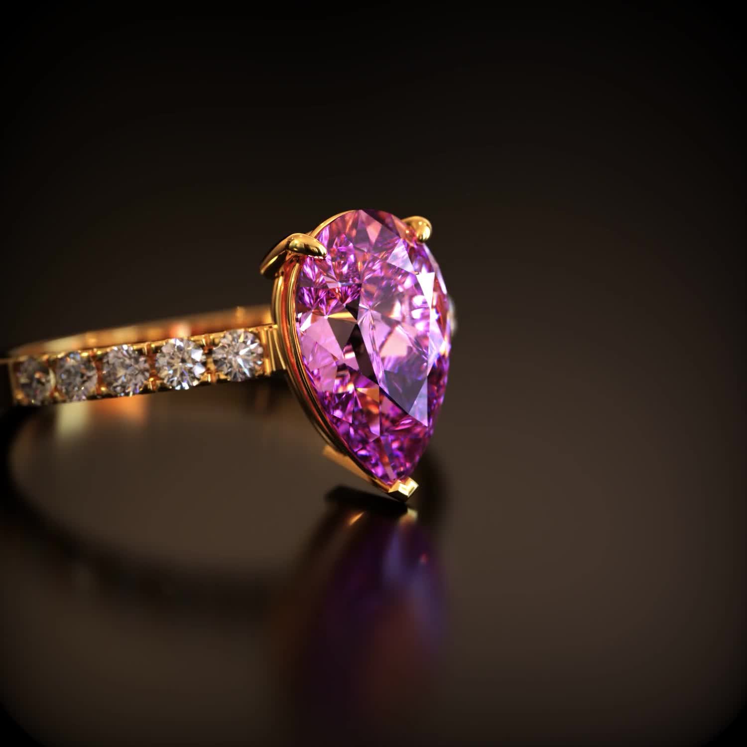 This may contain: a pink diamond ring with diamonds around it on a black surface in front of a dark background