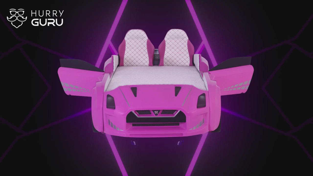 This may contain: a pink car bed with two white pillows