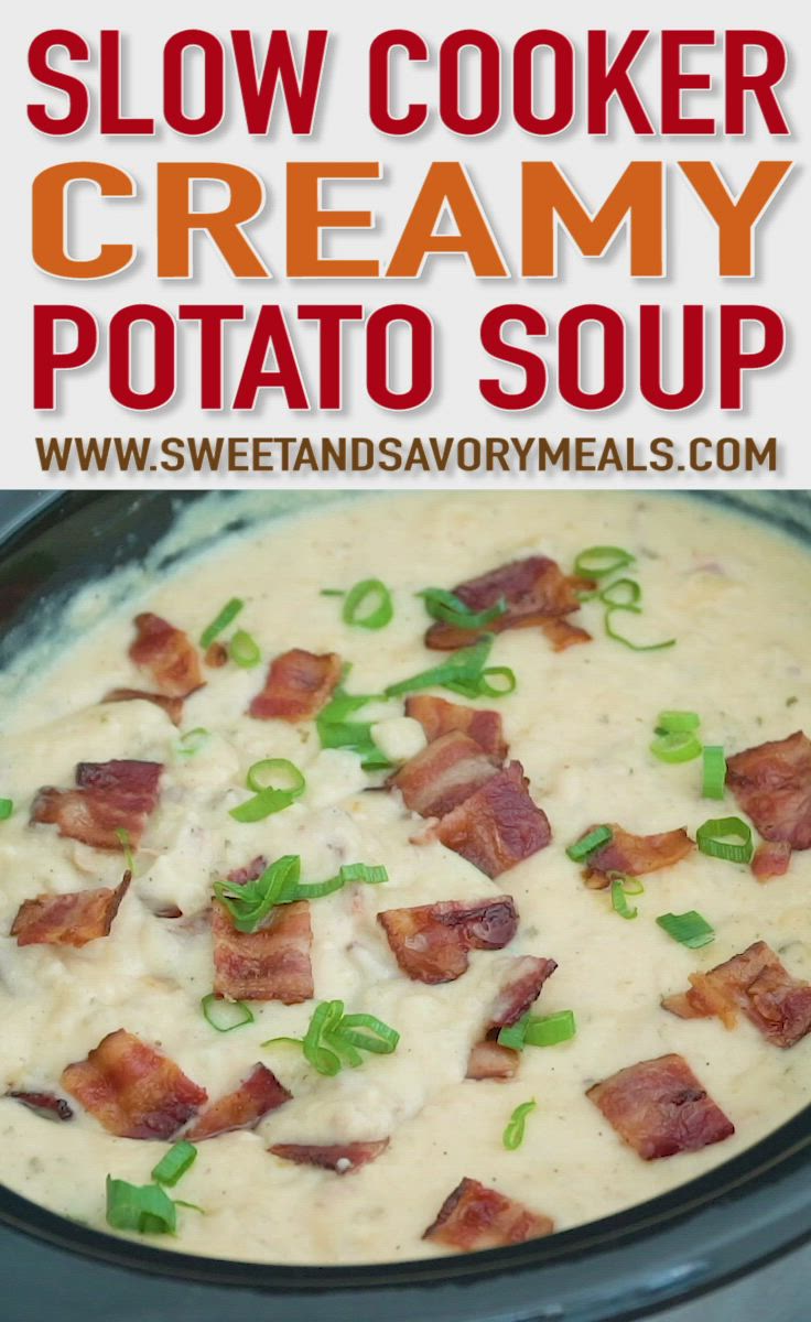 This may contain: slow cooker creamy potato soup with bacon and green onions in the crock pot