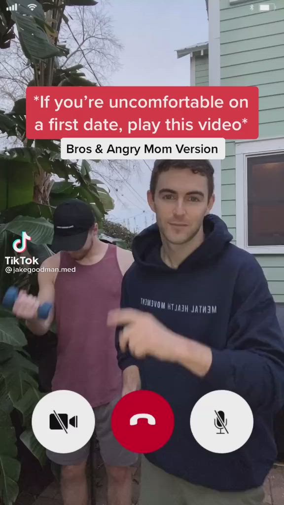 This may contain: two men standing in front of a house with the caption'if you're uncomfortabletableable on a first date, play this video '