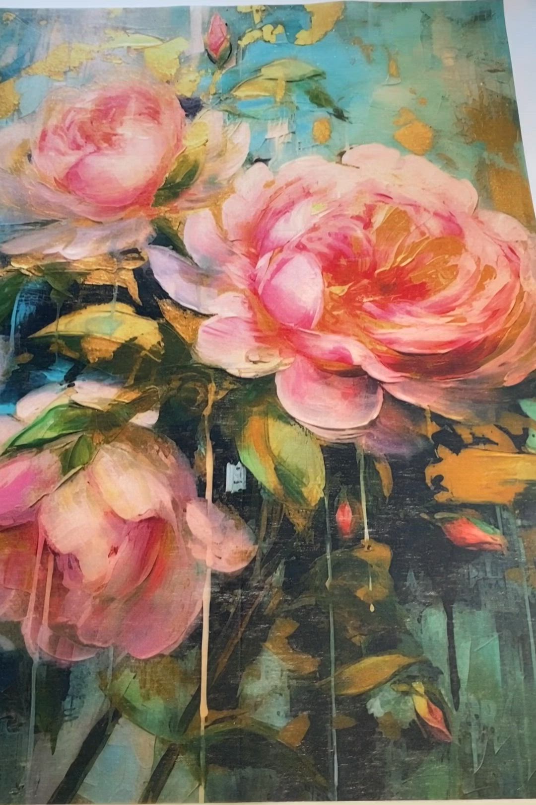 This contains: A1 fiber paper design featuring large pink flowers on a beautiful watercolor-inspired background