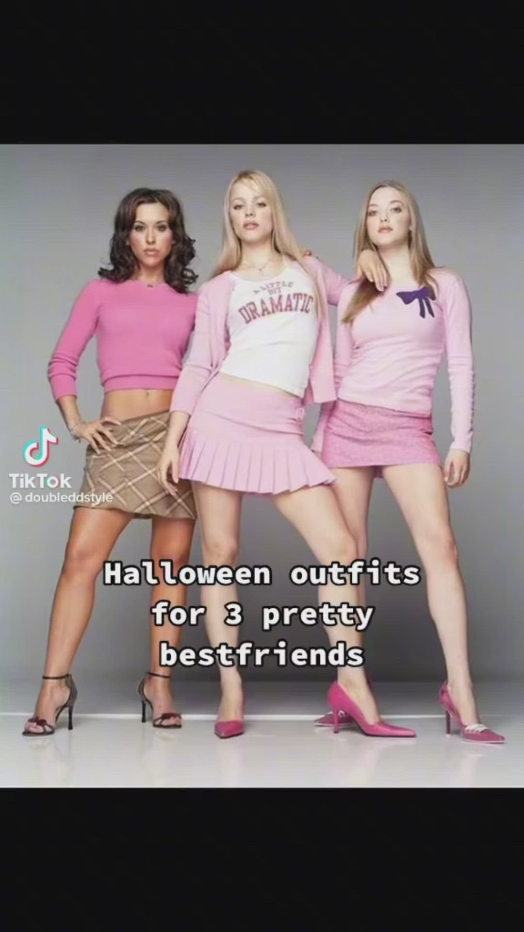 This may contain: three girls in pink outfits with the caption halloween outfits for 3 prettyy best friends