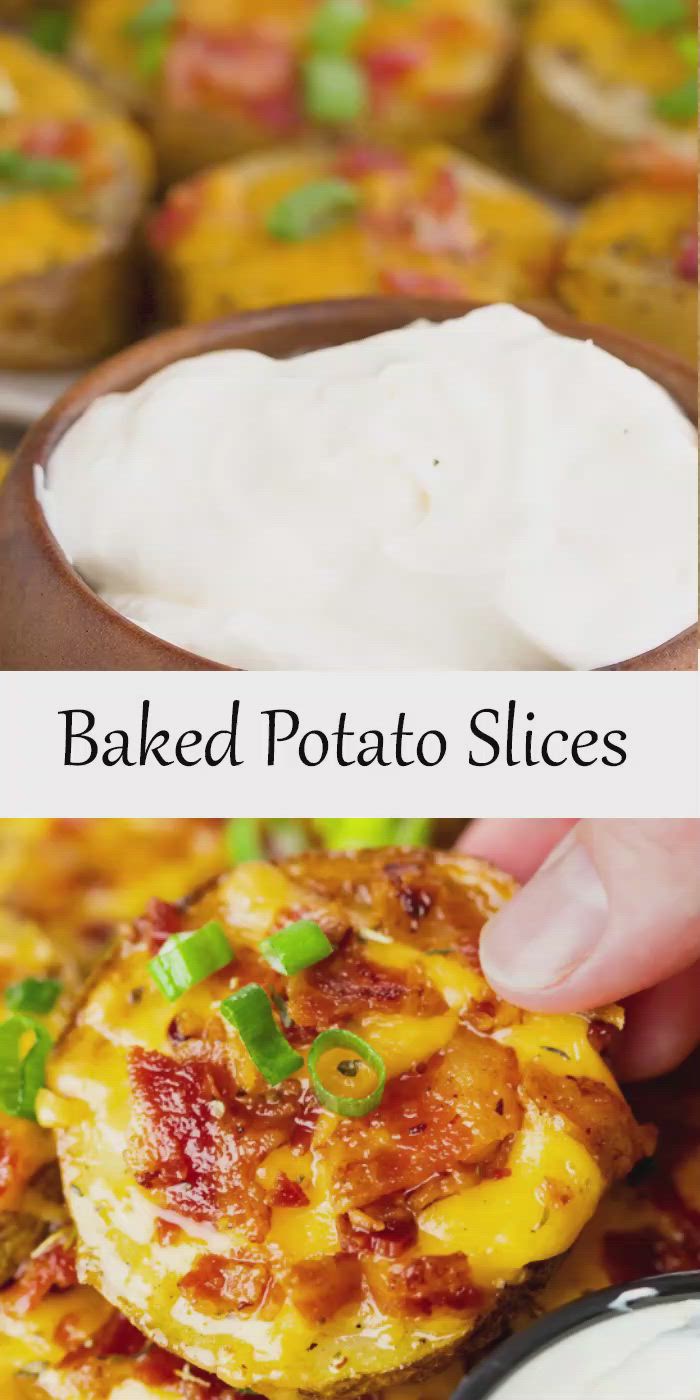 This may contain: baked potato slices with bacon, cheese and sour cream