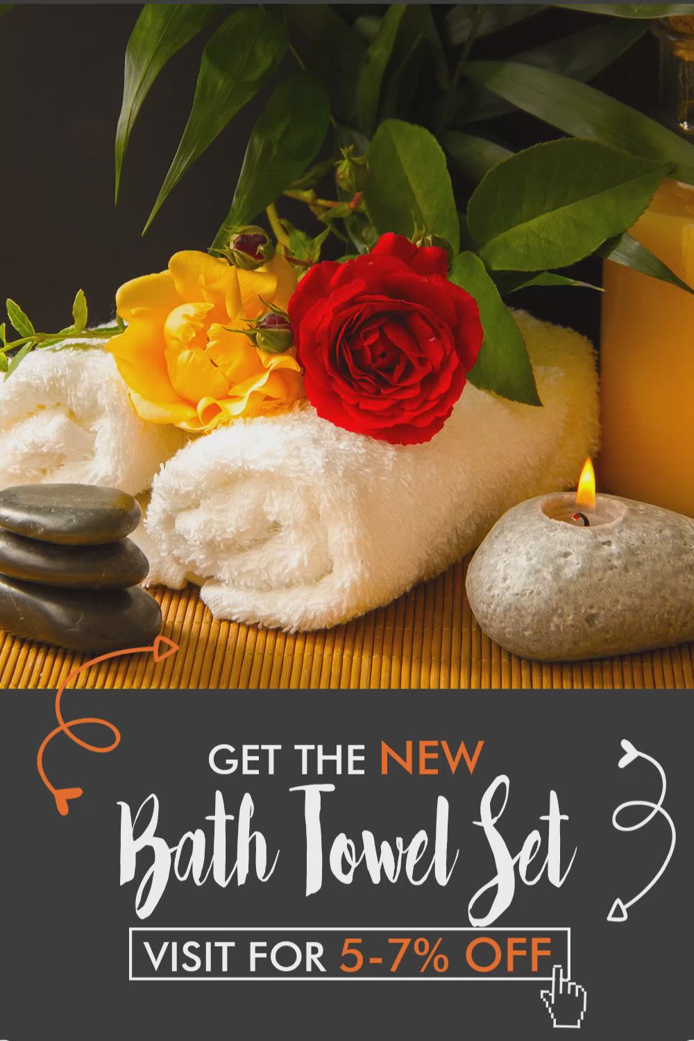 This may contain: towels, candles and flowers on a bamboo mat with text get the new bath towel set visit for 5 - 7 % off