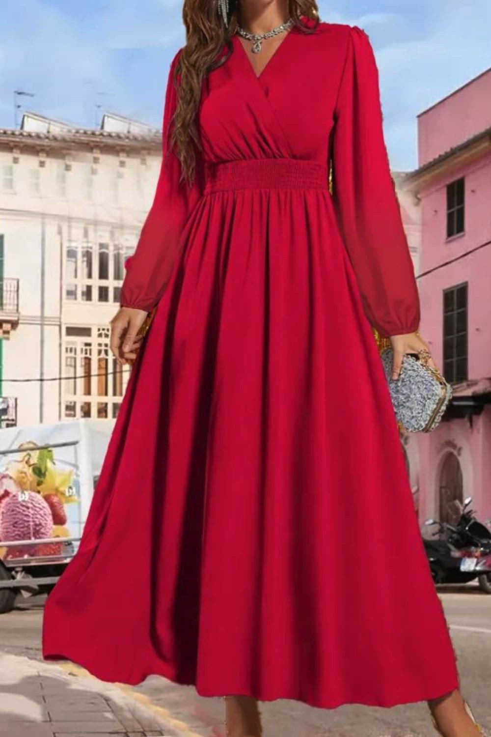 Solid Shirred Waist Surplice Neck Dress, Elegant Long Sleeve Midi Dress