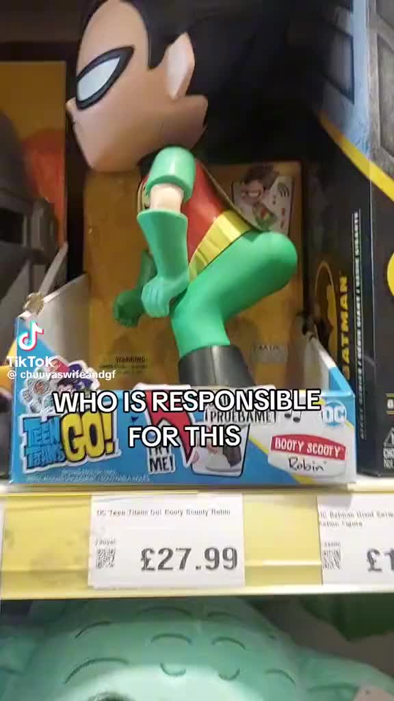 This may contain: a toy figurine is on display in a store with the caption, who is responsibleable for this?