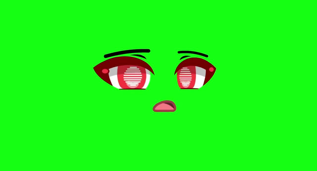 This may contain: an animated face with red eyes on a green background