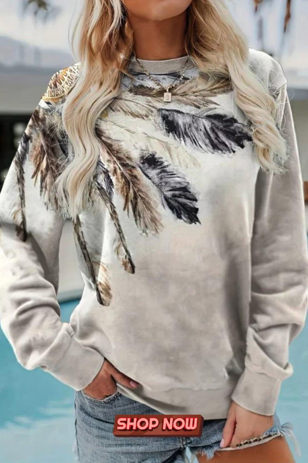 Ethnic Feather Print Pullover Sweatshirt, Casual Long Sleeve Crew Neck Sweatshirt For Fall & Winter