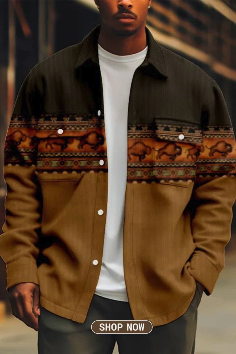 Men's Casual Ethnic Style Jacket, Button Up Flap Pocket Jacket