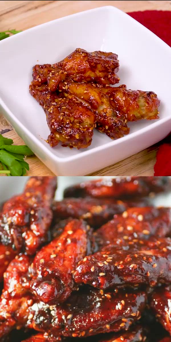 This may contain: there are two different pictures of food in the same photo, one is chicken wings and the other has green beans