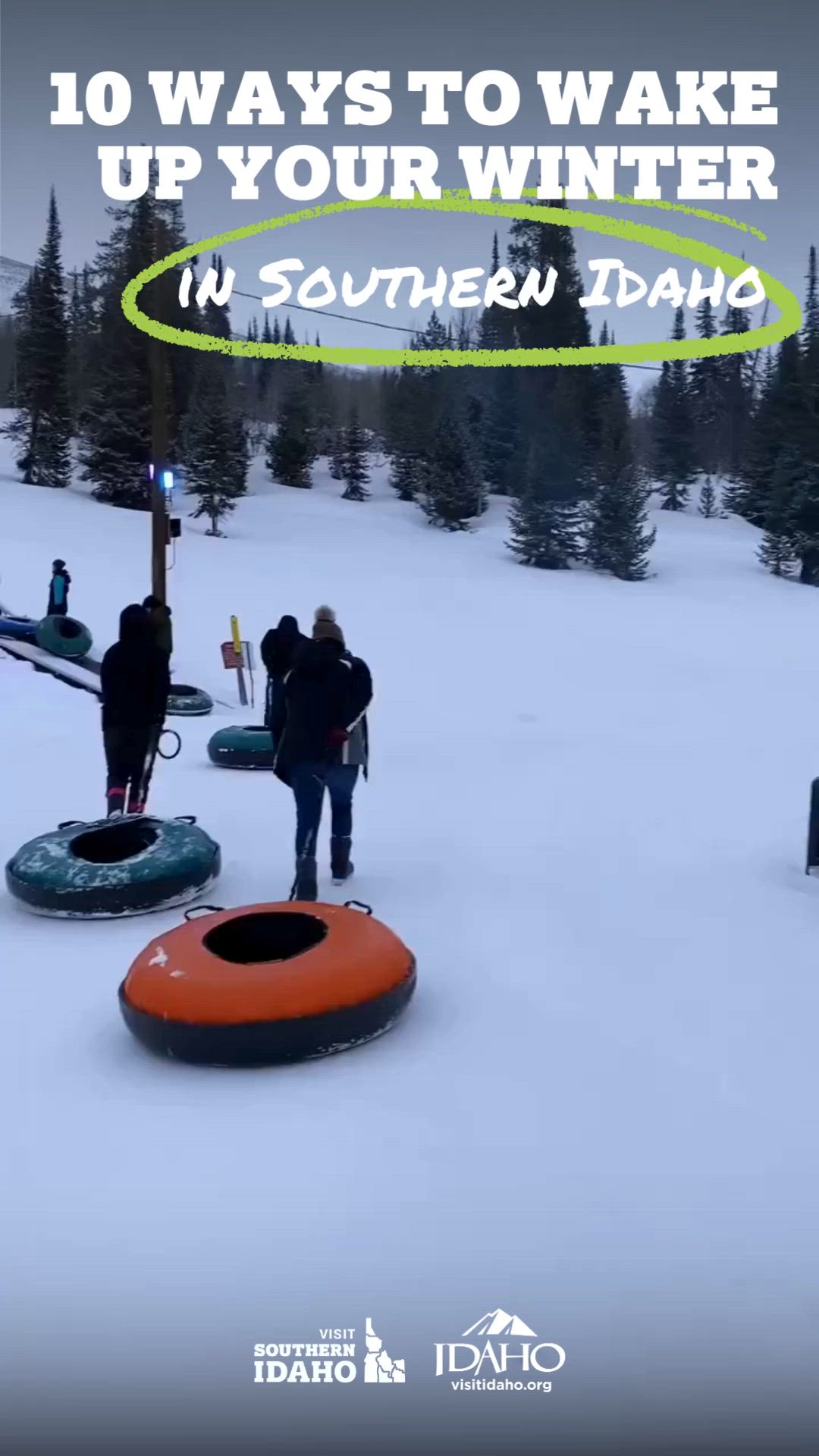 This may contain: people are standing on inflatables with the words 10 ways to wake up your winter in southern idaho