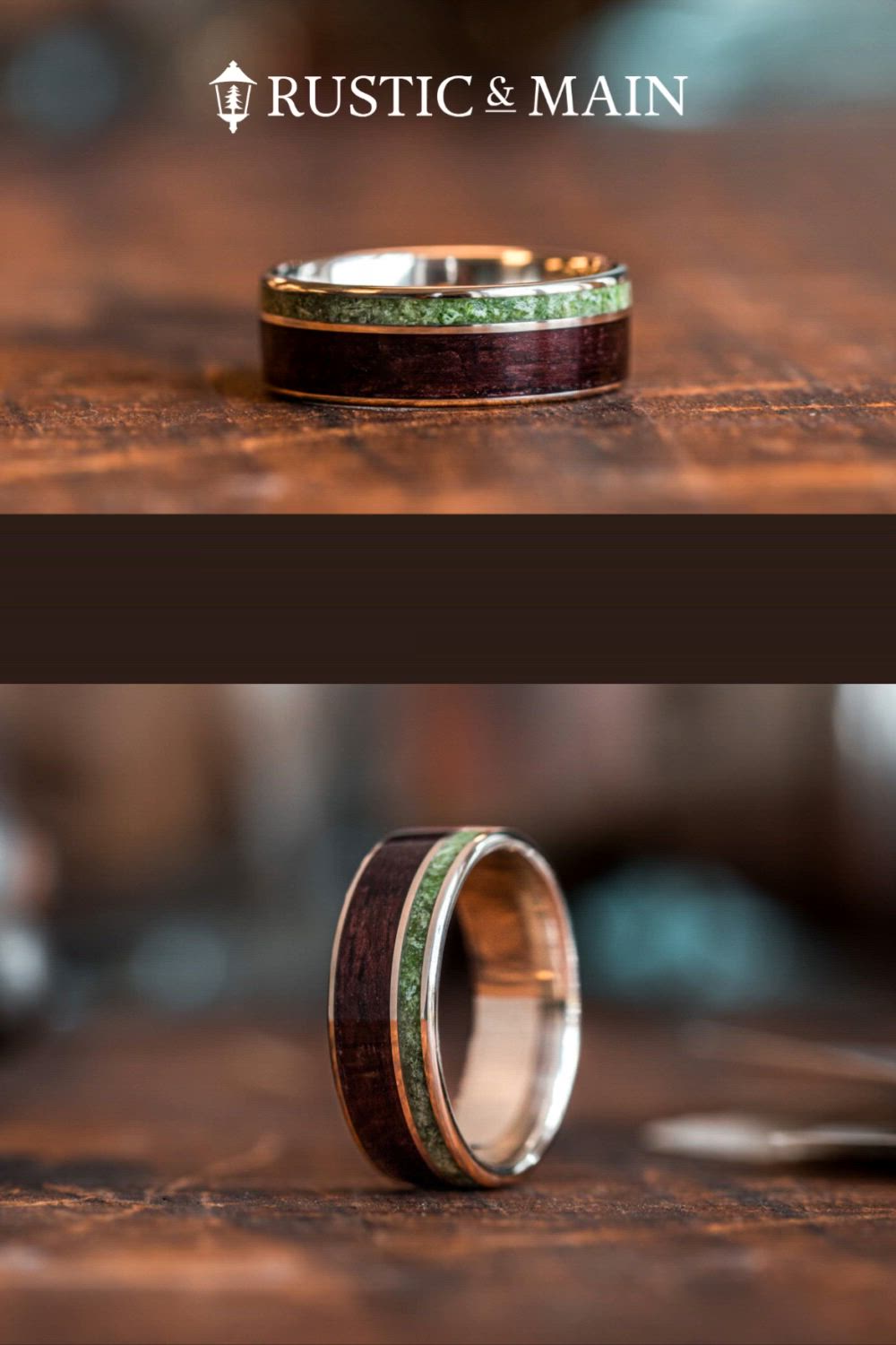 This contains: sage-imperial-diopside-Indian-rosewood-gold-ring-rustic-and-main-wedding-bands-rustic-and-main