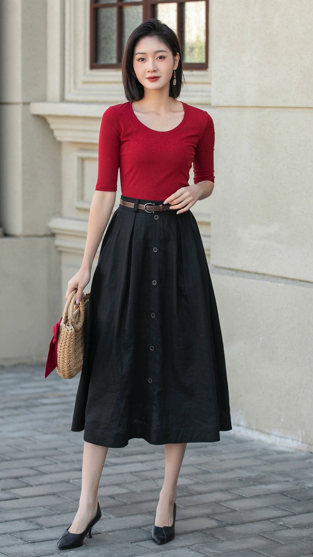 This black linen skirt is a classic and elegant piece of clothing. It’s high-waisted, flares out to mid-calf length. The skirt features a button-down front, adding both functionality and a decorative touch. With a red short-sleeved top, creating a stylish ensemble.Overall, it’s a chic and versatile choice for various occasions. 🌟👗 

SKU 4898 

#Fashion #Style #Womenswear #OOTD #Linen #BlackSkirt #Trendy #Fashionista