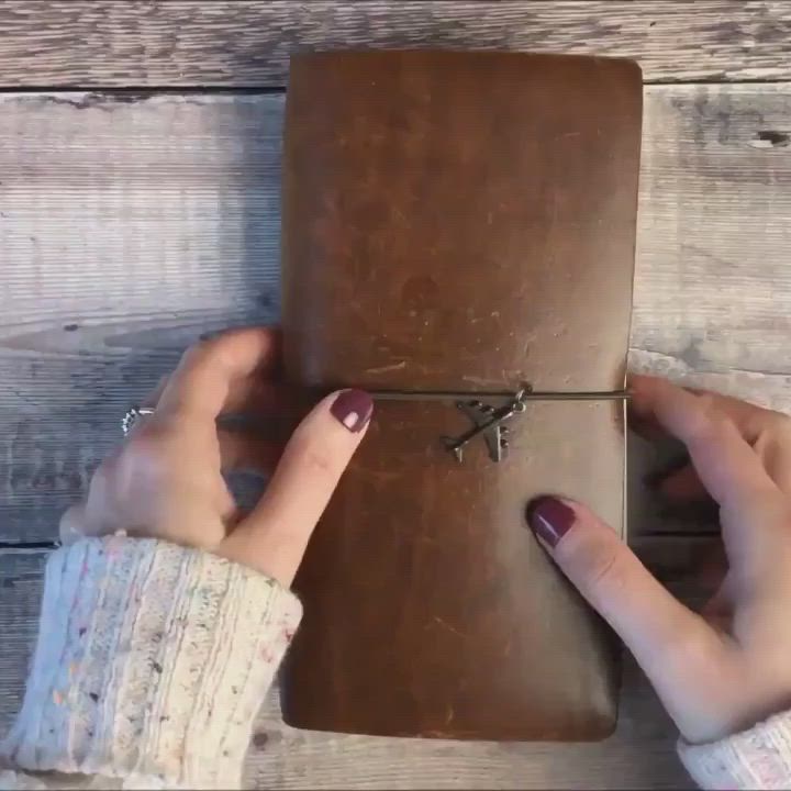 This may contain: a woman's hands holding an open brown leather journal on top of a wooden table