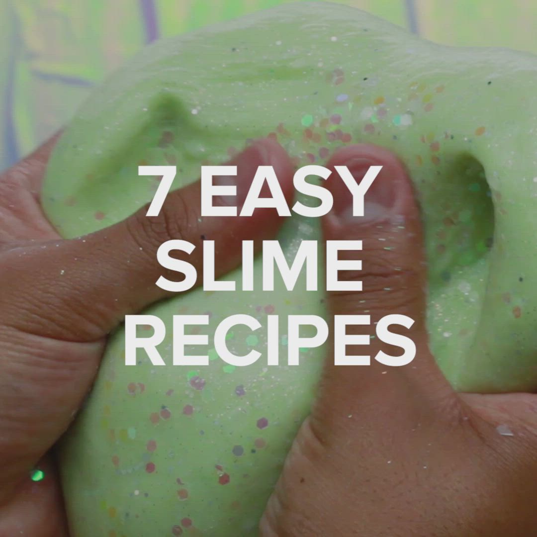 This may contain: a person holding a doughnut with green frosting on it and the words 7 easy slime recipes