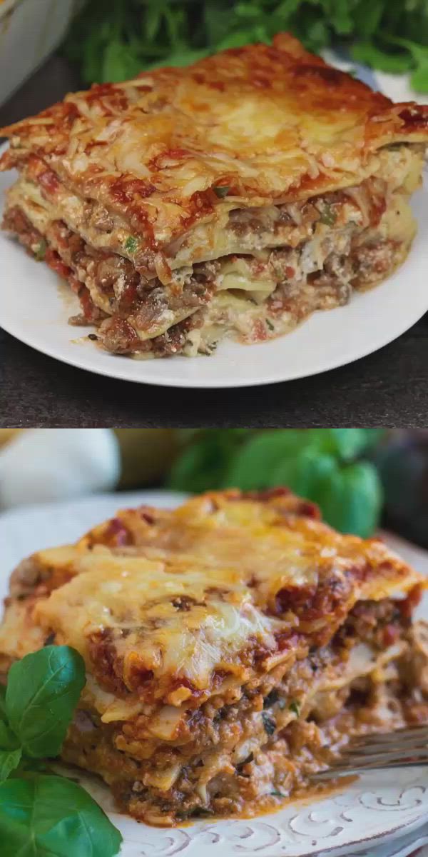 This may contain: two plates with lasagna casserole on them and one has a fork in it