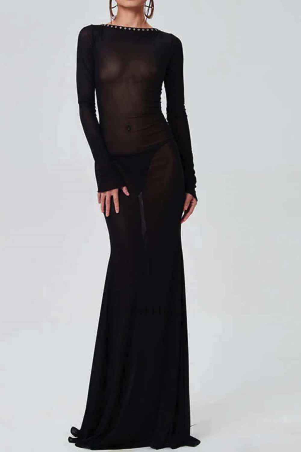 This women's see-through bodycon maxi dress features a sleek, figure-hugging design, perfect for making a bold statement at any event or night out.