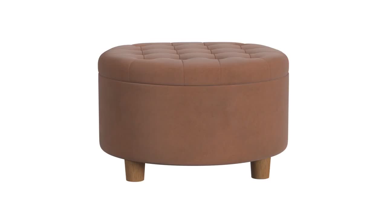 This may contain: a small round ottoman with wooden legs and a brown leather cover on the top, in front of a white background