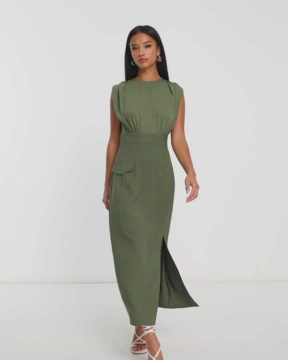 This contains an image of: ASOS DESIGN Petite blouson sleeveless midi dress with pocket and split detail in khaki-Green