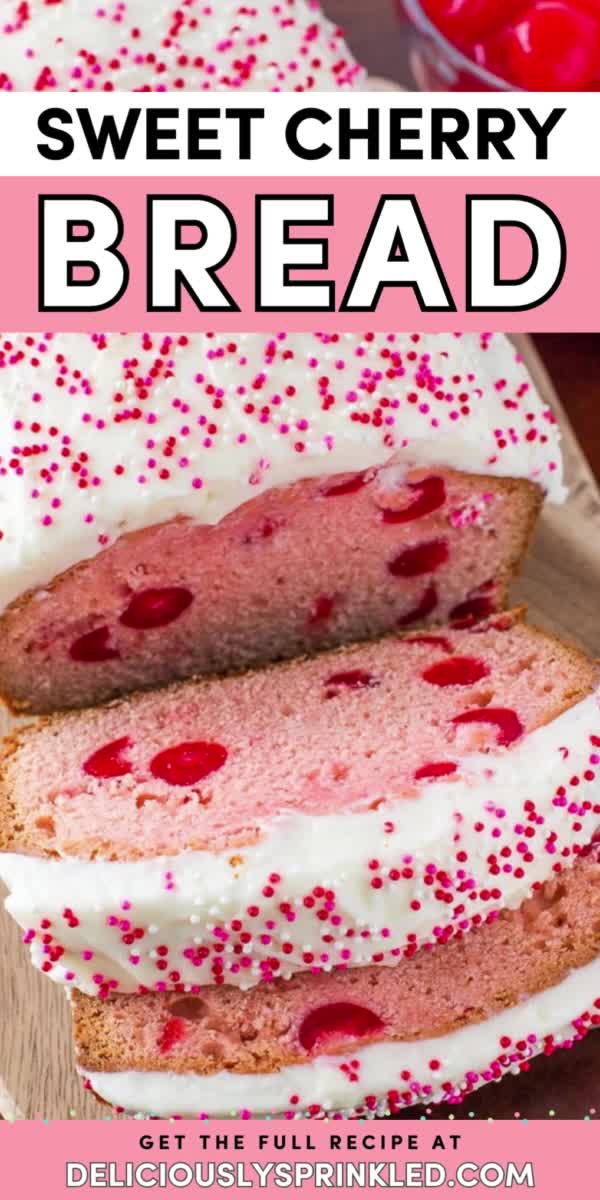 This contains: A sweet cherry bread recipe for holidays and other special occasions! Complete with cream cheese frosting, this cherry loaf is such a yummy treat. Everyone will love this easy dessert idea! Save this pin!