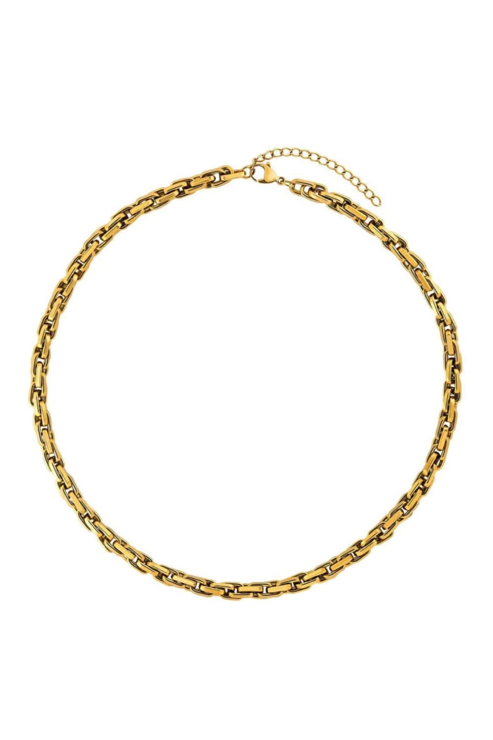 This contains: a gold necklace on a white background