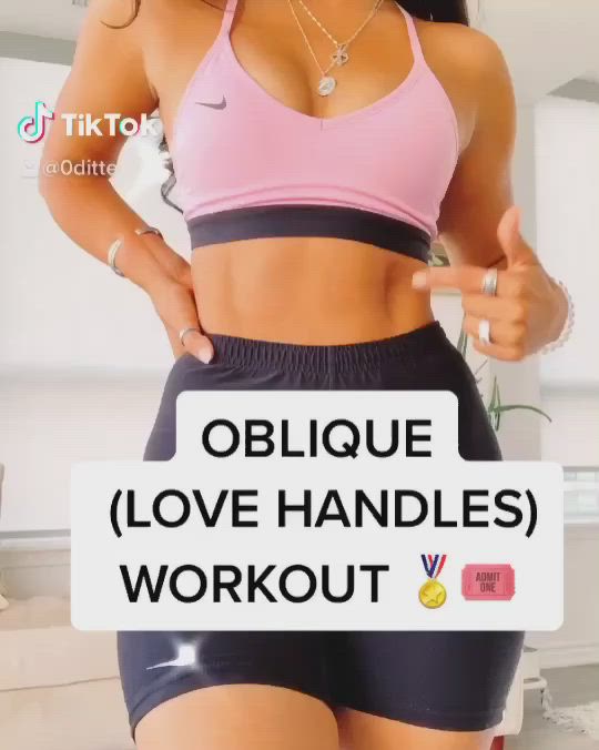 This may contain: a woman in a pink top and black shorts with the words oblique love handles workout