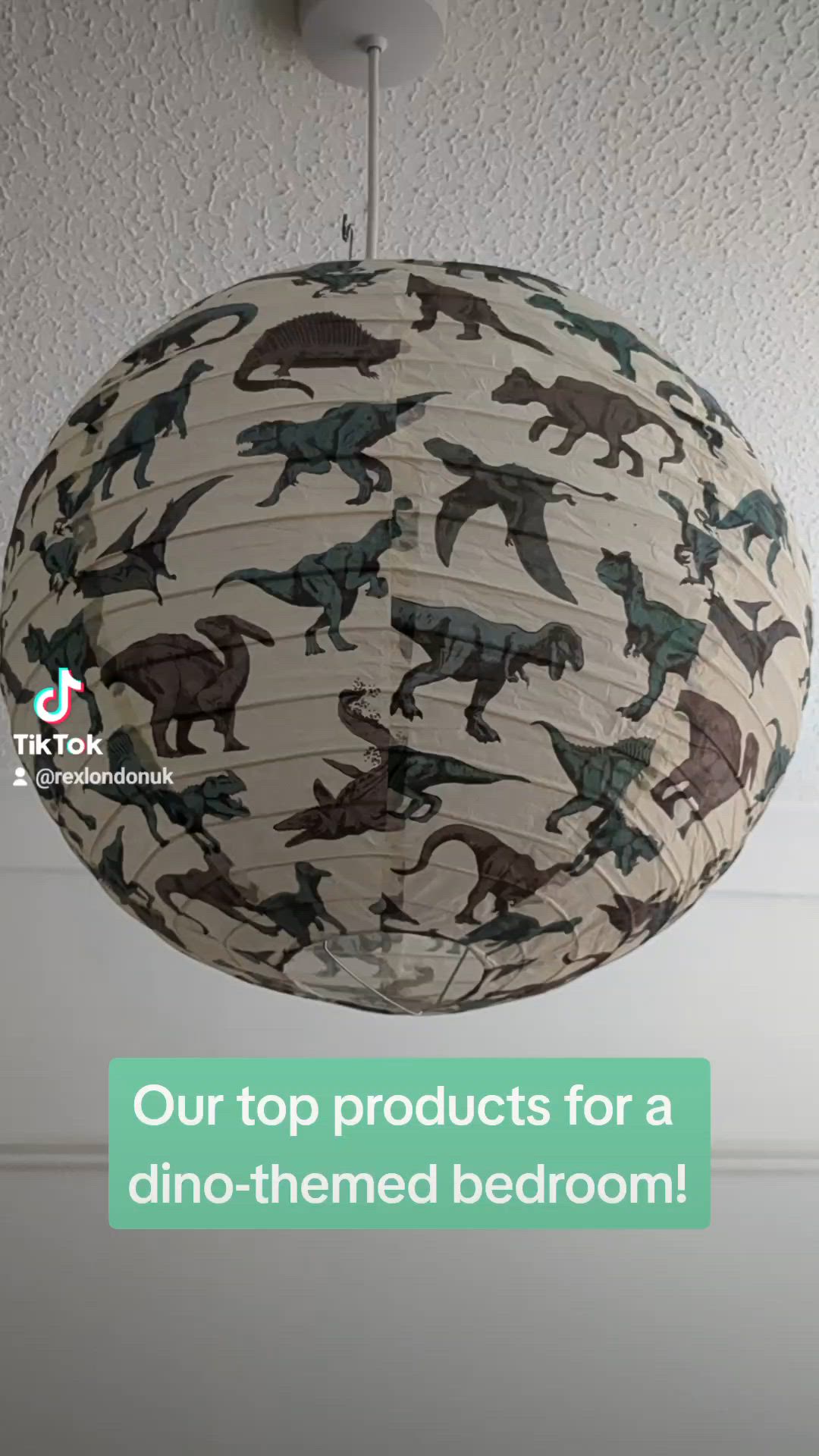 This contains: A video showing a dinosaur paper lampshade, dinosaur storage cases, dinosaur cotton rug, dinosaur height chart and dinosaur string lights.