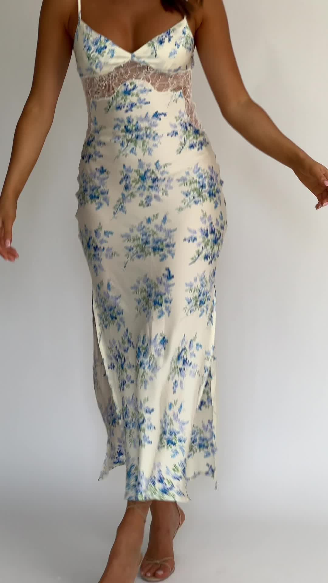 This contains an image of: SERAPHIM FLORAL LACE MAXI DRESS BLUE CREAM