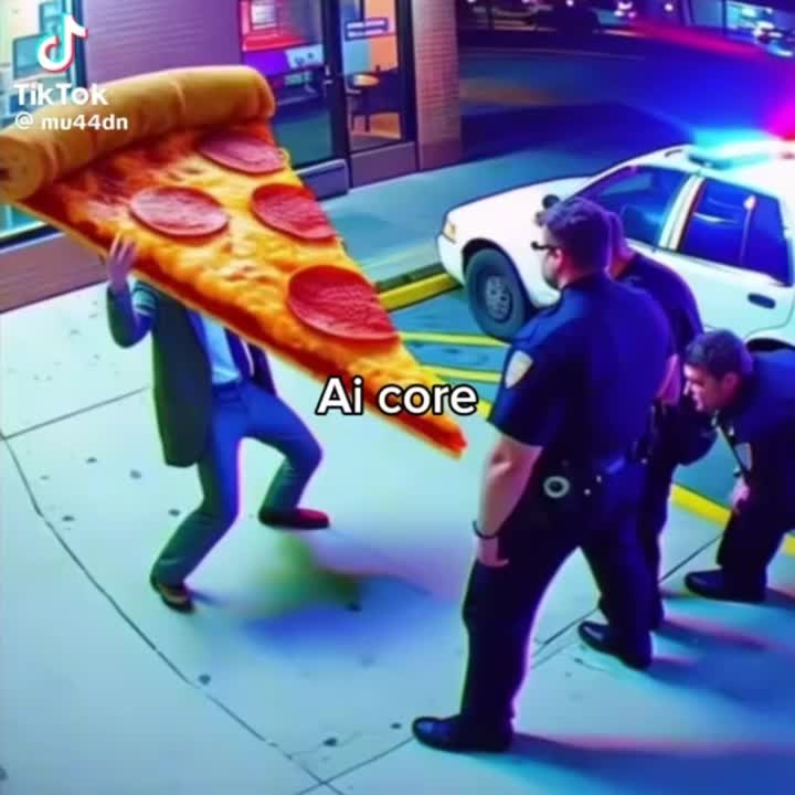 This may contain: two police officers are walking towards a giant slice of pizza