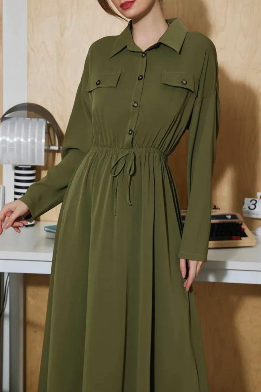 Button Up Tie Waist Dress, Elegant Long Sleeve Dress For Spring & Fall