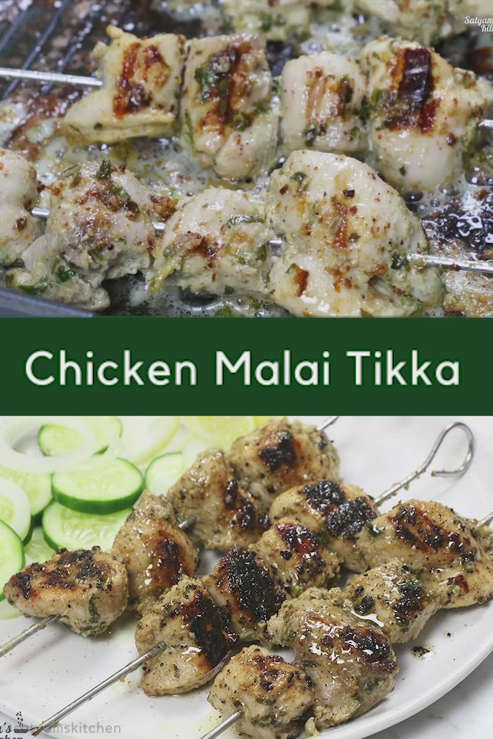 This may contain: chicken malai tikka with cucumber slices on the side and in front