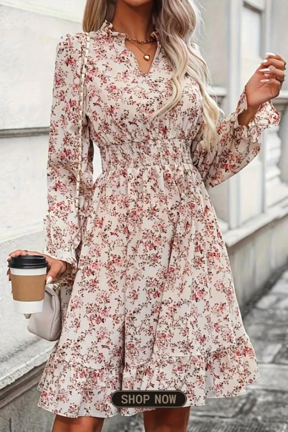 Floral Print Shirred Cinched Waist Dress, Casual Notch Neck Lantern Sleeve Ruffle Hem Dress