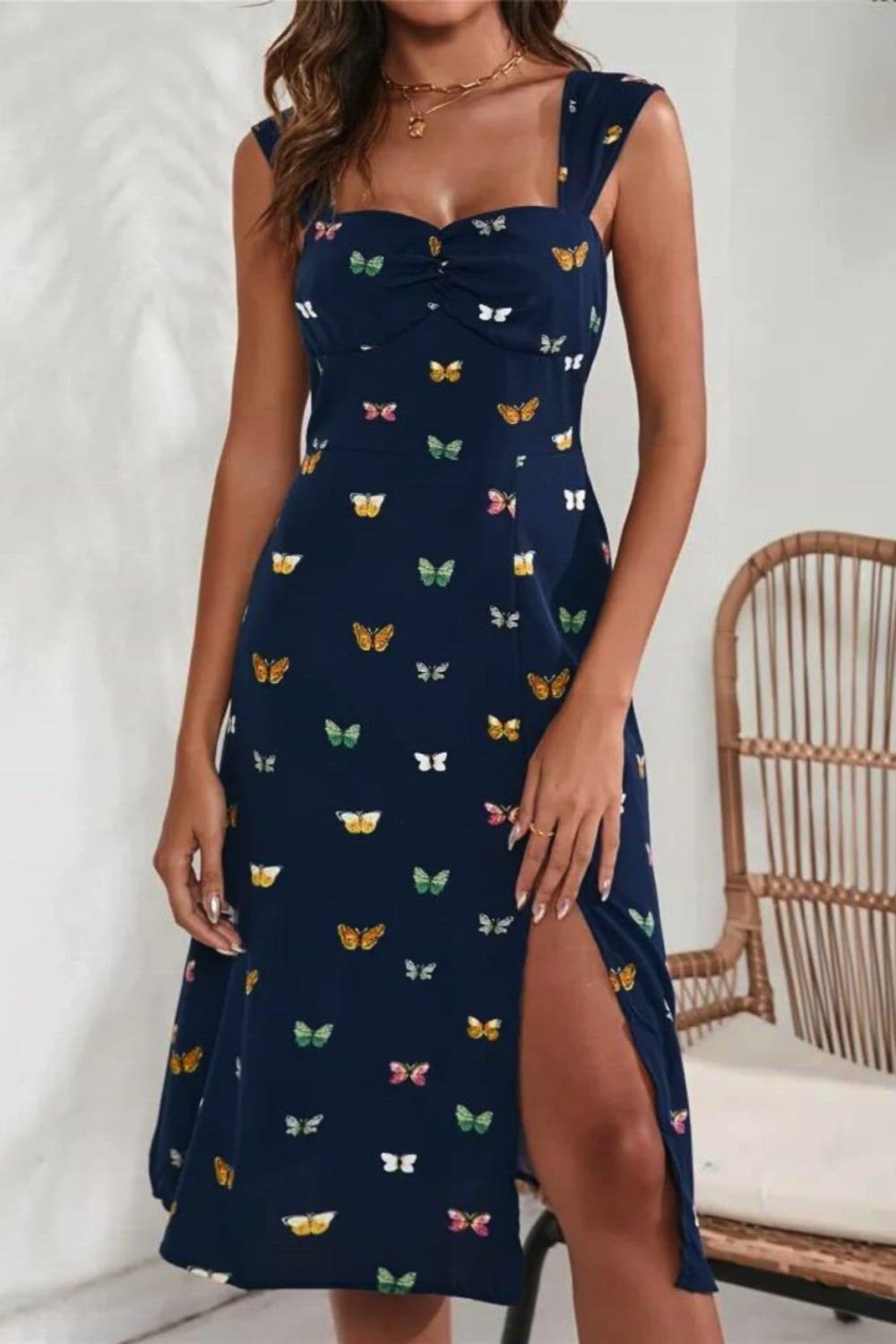 Butterfly Print Spaghetti Strap Dress, Casual Split Thigh Ruched Bust Backless Cami Dress