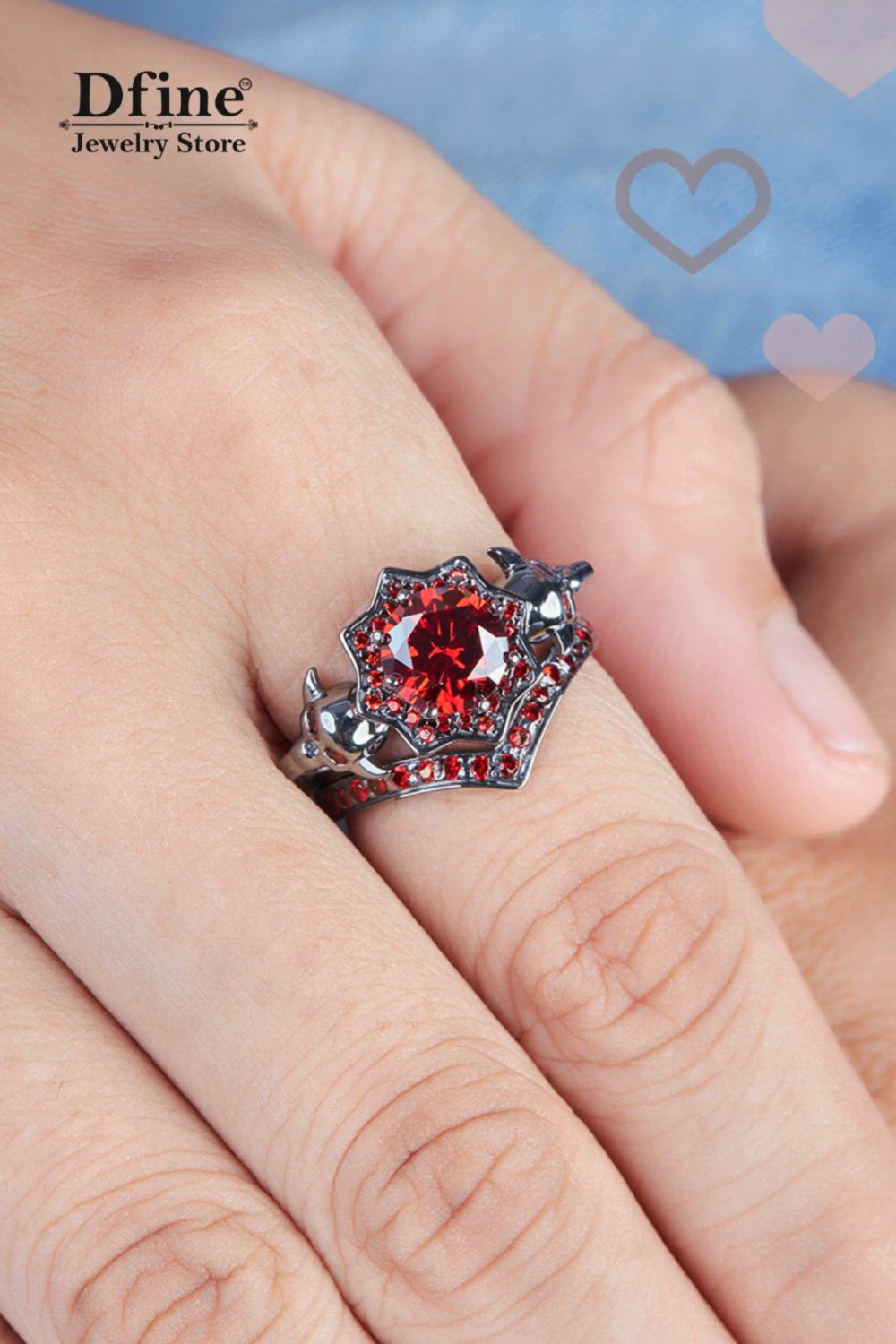 This contains: Skull Ring for Women, Skull Engagement Ring Set, Skull Wedding Rings, Bridal Ring Set, Gothic Rings, Red and Black Ring, Red Garnet Gemstone, Octagon, Sterling Silver, Women's Jewelry Handmade, Dark Vampire Queen,