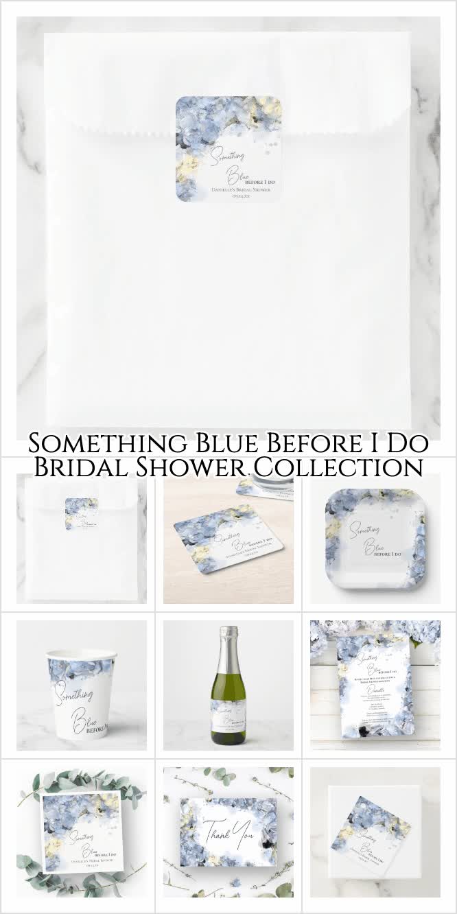 This contains: Have your guests wear blue and honor the bride to be with the pretty Something Blue Before I Do Bridal Shower Collection. Personalize invitations, disposable paper napkins, coasters, cups, wine labels, favor tags and more. Each elegant customizable product features a digitally watercolored floral photograph of light blue hydrangea flower petals with a white background.