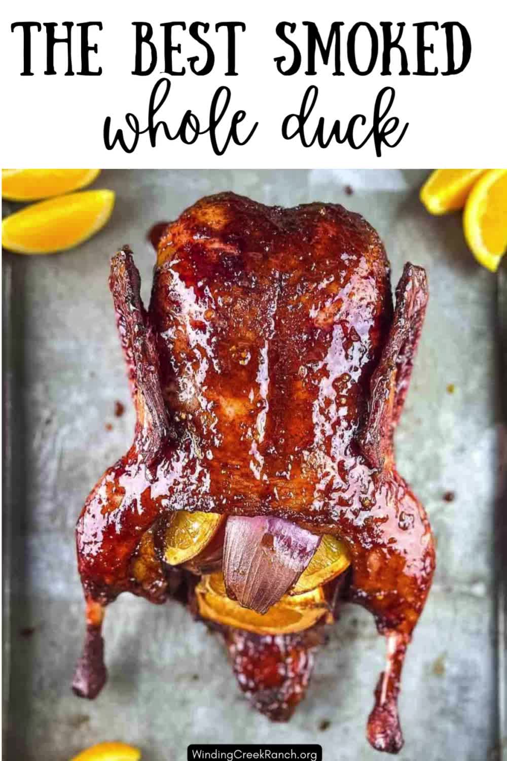 This contains: Elegant smoked whole duck, beautifully bronzed with a glossy orange glaze, served on a platter garnished with orange slices and herbs, ready to impress at any gathering.